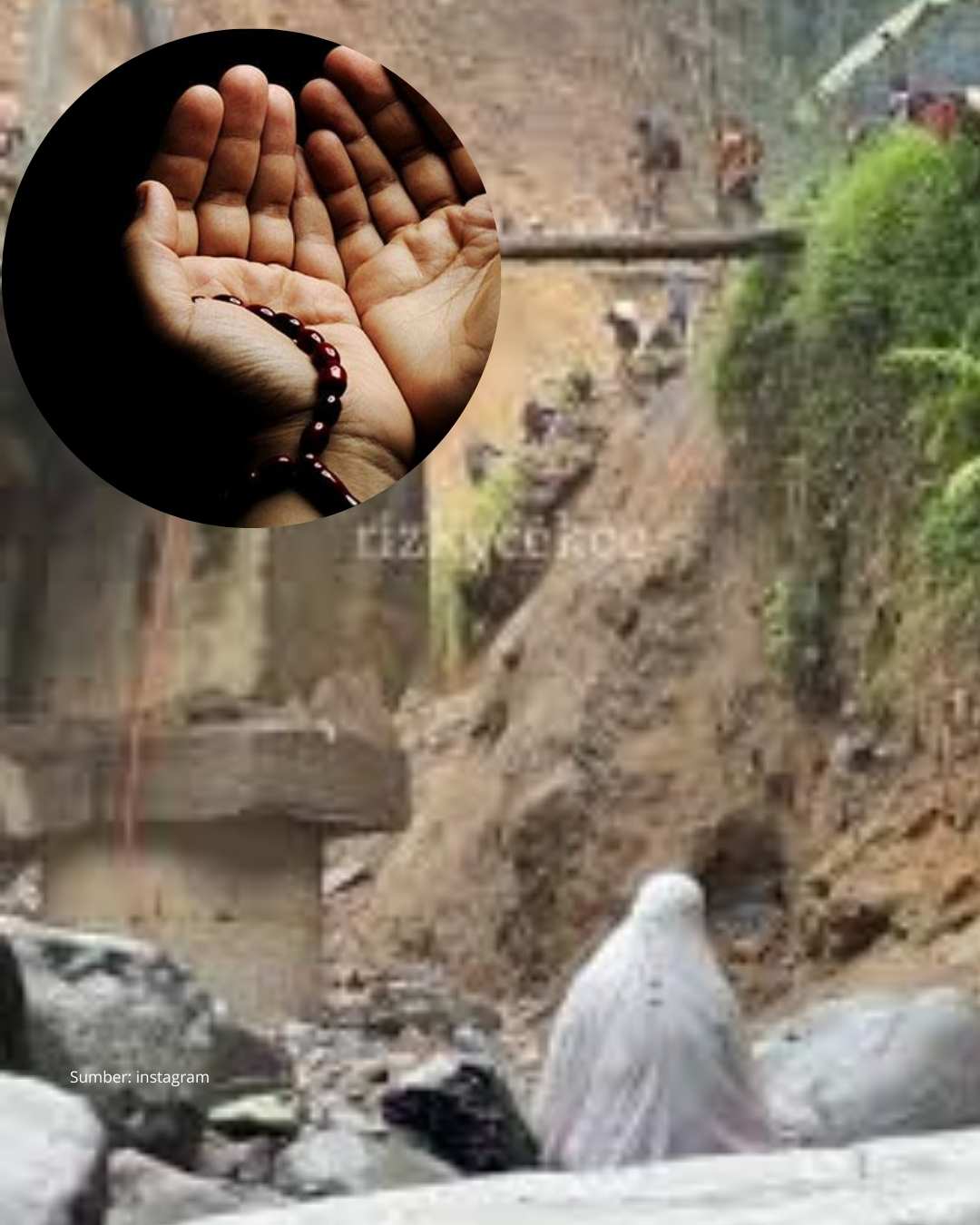 Video, viral seorang ibu sholat di tengah reruntuhan tanah longsor