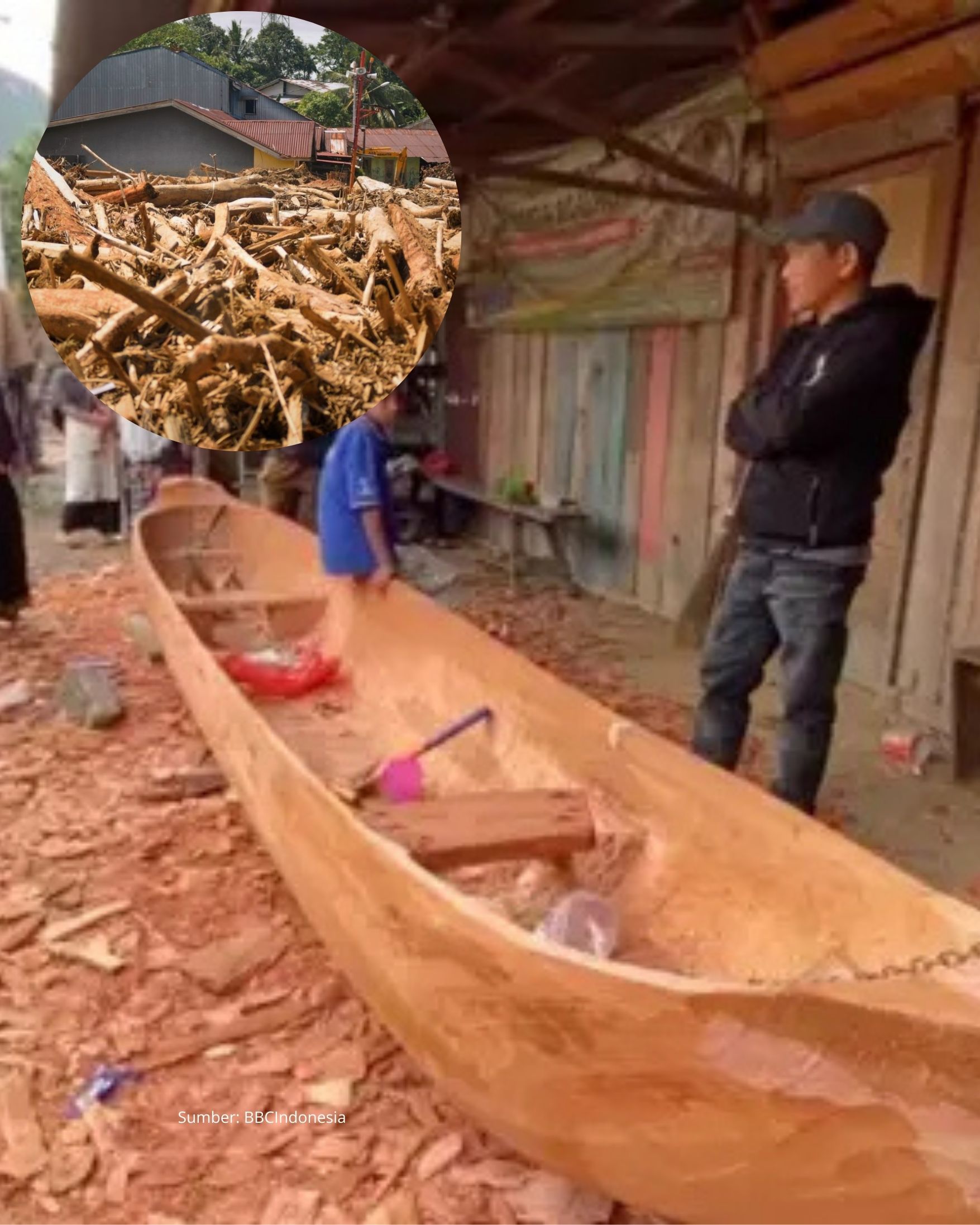 Warga Aceh Memanfaatkan Kayu Gelondongan Jadi Perahu
