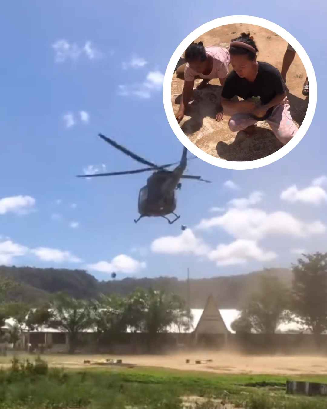 Helikopter Tebar Bantuan dari Ketinggian, Warga Berebut Beras yang Berserakan di Tanah