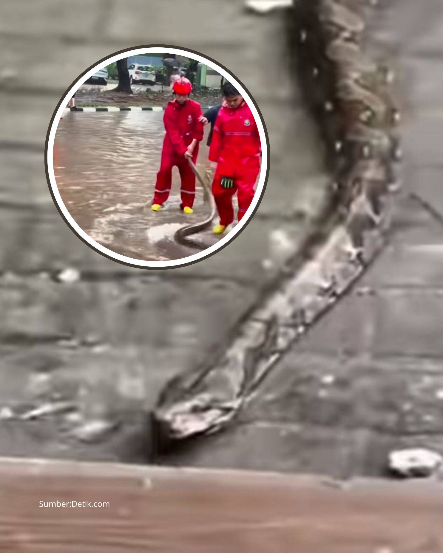 Aksi Gercep Damkar Mengevakuasi Ular Sanca di Tengah Banjir Jakarta