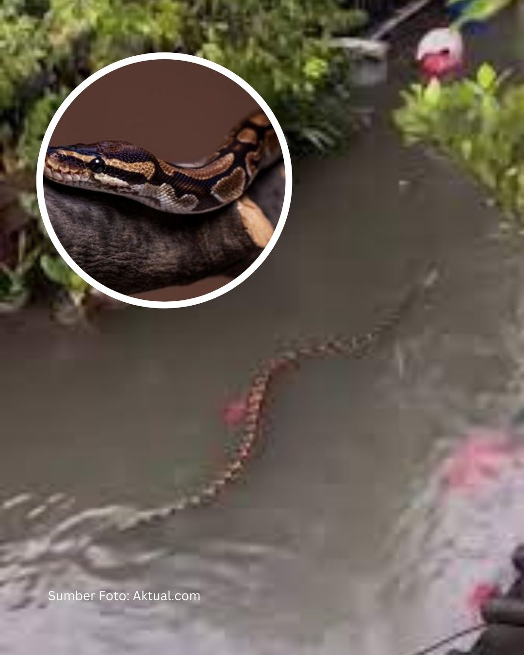 Ular Piton Raksasa 5 Meter Berenang di Jalan Banjir Bali! Video Warga Langsung Jadi Viral