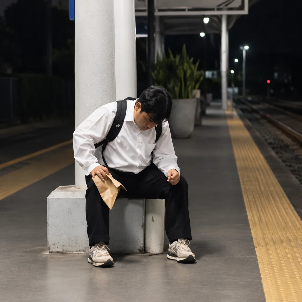 Pria Duduk Menunduk di Peron Stasiun pada Malam Hari Pria Duduk Menunduk di Peron Stasiun pada Malam Hari