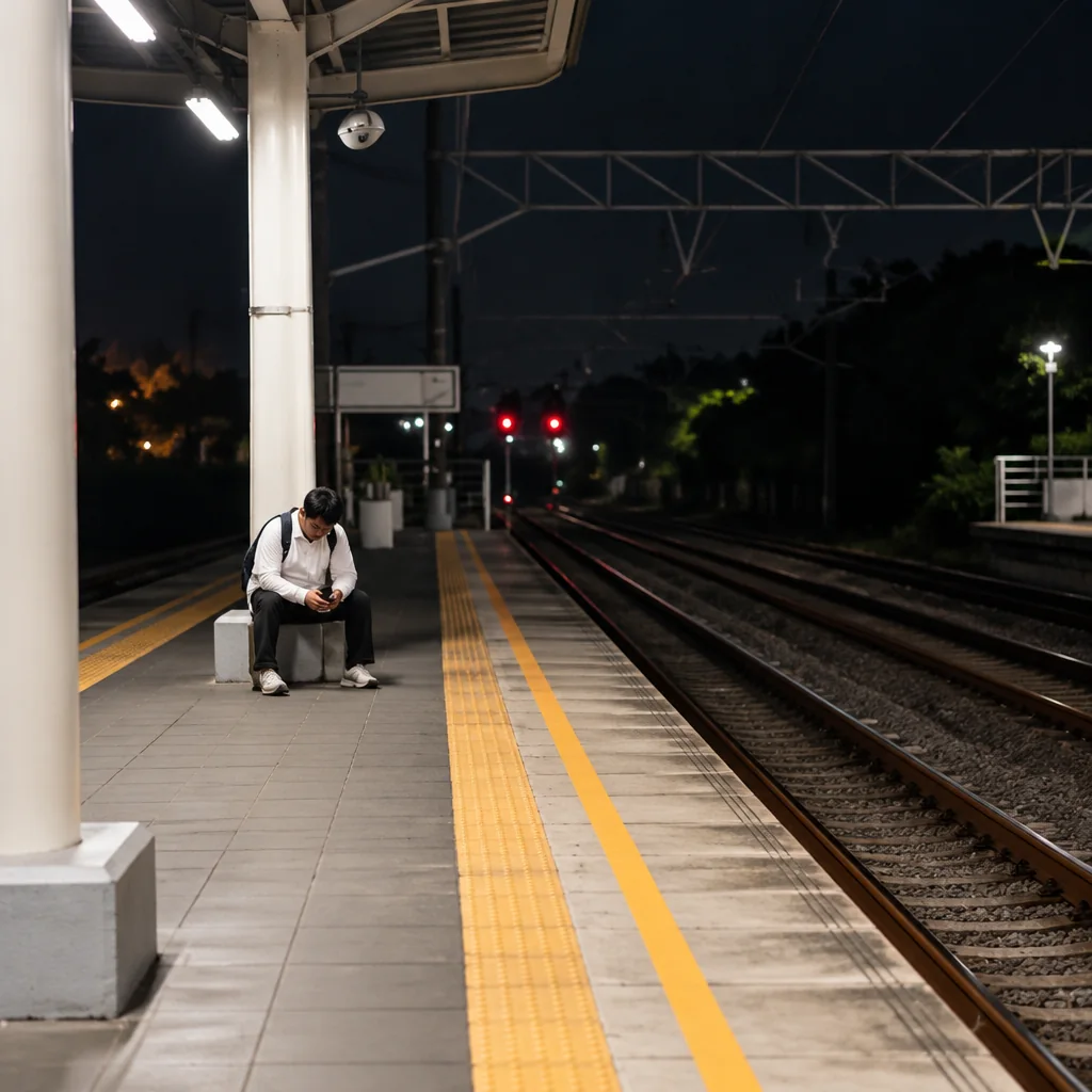 Pria Duduk Sendirian di Peron Stasiun pada Malam Hari Pria Duduk Sendirian di Peron Stasiun pada Malam Hari