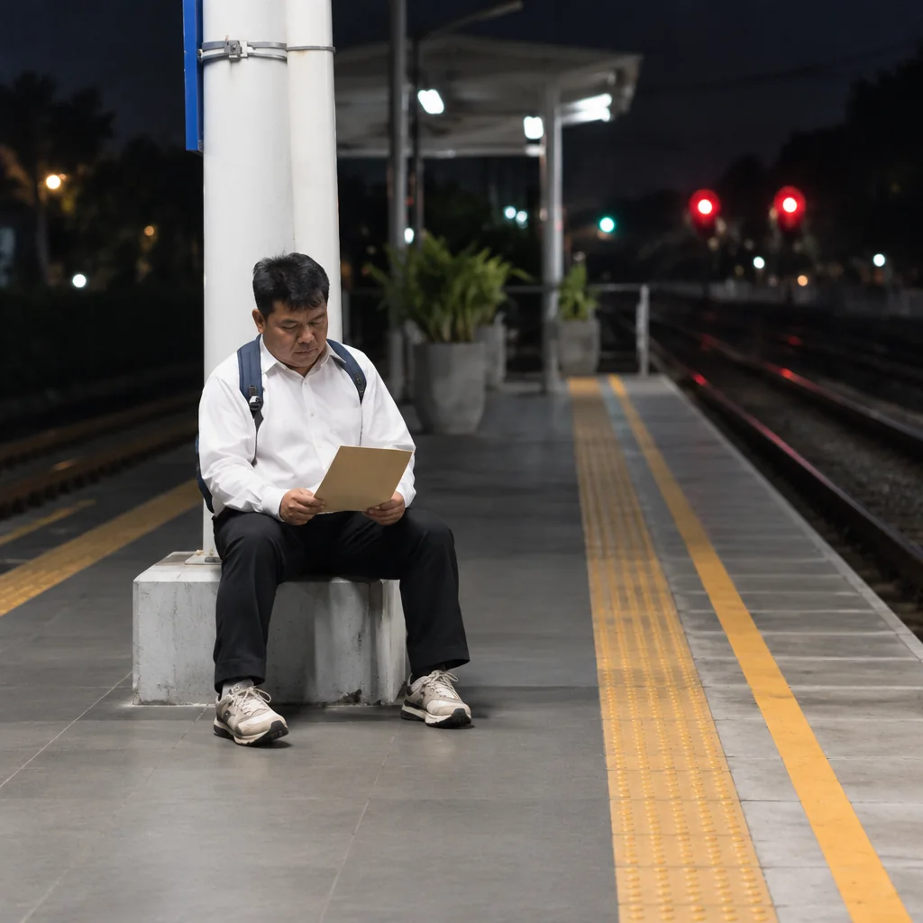 Pria Membaca Lembar Kertas di Peron Stasiun Pria Membaca Lembar Kertas di Peron Stasiun