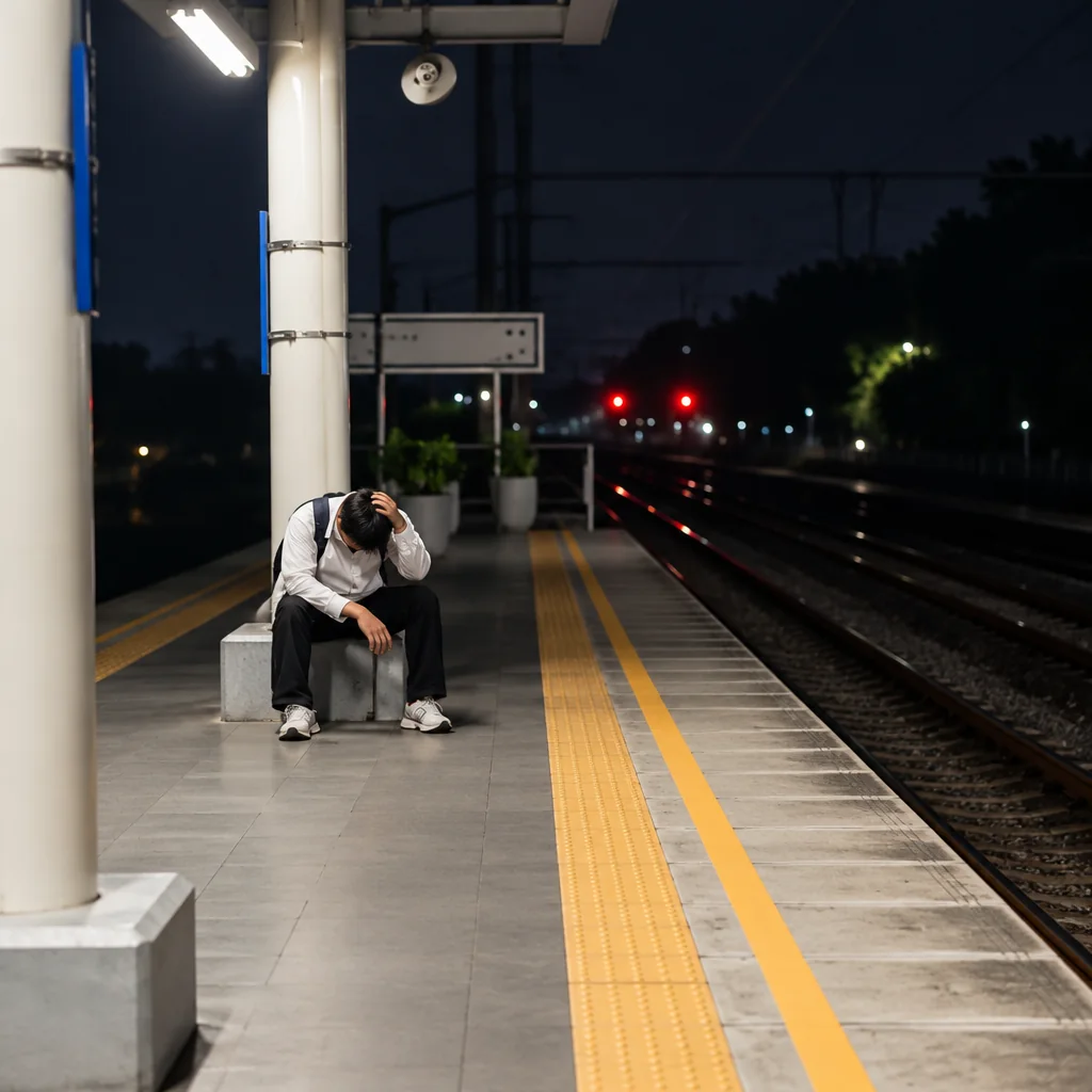 Pria Menunduk di Peron yang Lengang Pria Menunduk di Peron yang Lengang