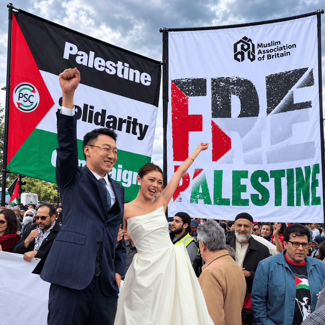 Sesi Foto Prewedding Berubah Jadi Momen Solidaritas, Pengantin di London Berpose Bersama Demonstran Pro-Palest