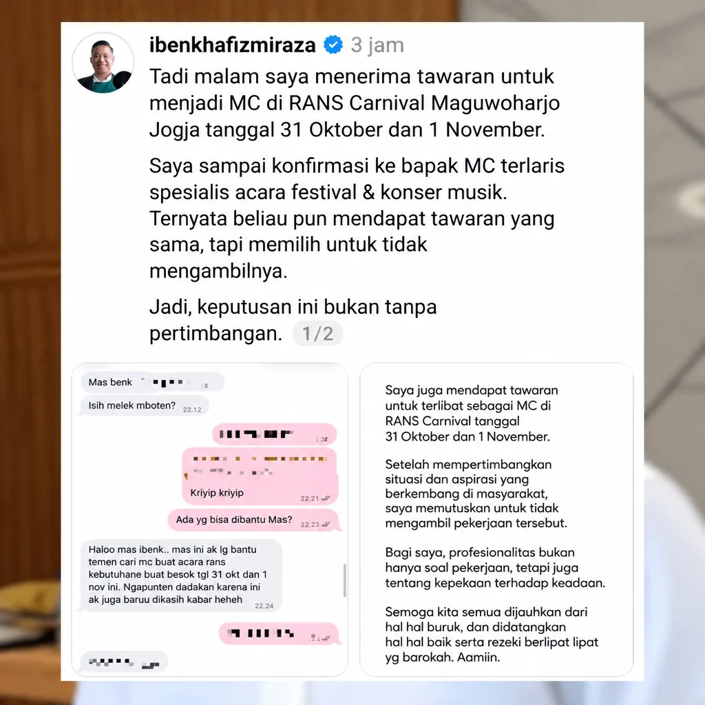Tadi malam saya menerima tawaran untuk menjadi MC RANS Carnival Maguwoharjo Jogja tanggal 31 Oktober dan 1 November. Saya sampai konfirmasi ke bapak MC terlaris spesialis acara festival & konser musik. Ternyata beliau pu Tadi malam saya menerima tawaran untuk menjadi MC RANS Carnival Maguwoharjo Jogja tanggal 31 Oktober dan 1 November. Saya sampai konfirmasi ke bapak MC terlaris spesialis acara festival & konser musik. Ternyata beliau pu
